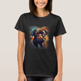 Camiseta Pug Americano com Bandeira no fundo Patriótico