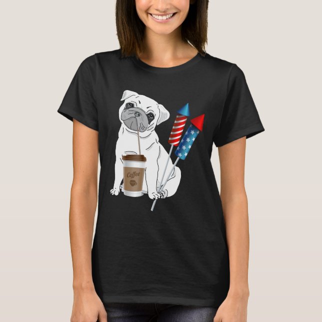 Camiseta Pug Bebendo Café com Fogos de Artifício Clássico 7 (Frente)