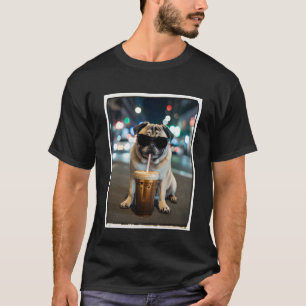 Camiseta Pug Bebendo Café Gelado Animal Cachorro Meme