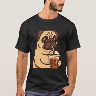 Camiseta Pug Bebendo Café Gelado Cachorro Fofo Amante de An