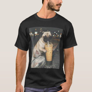 Camiseta Pug bebendo café gelado meme engraçado de animal c