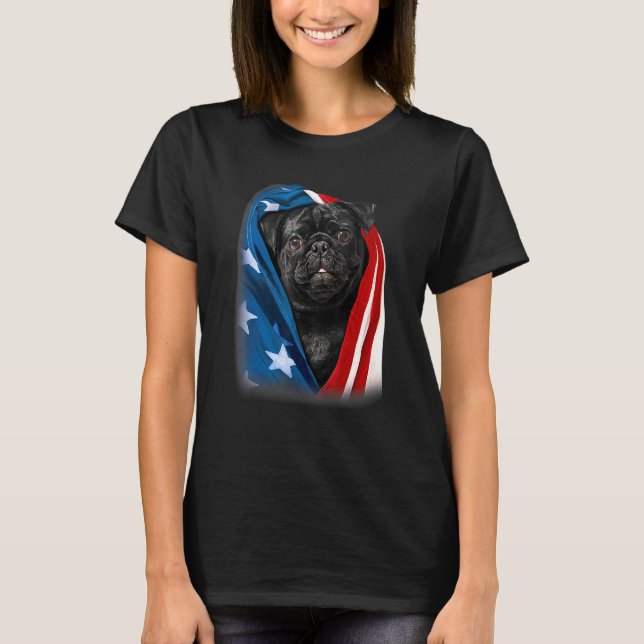 Camiseta Pug Black Dog American Flag 4th Julho Animal Pat (Frente)
