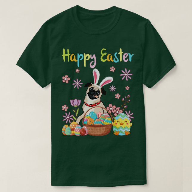 Camiseta Pug Bunny Dance Com Ovos De Flor Pintinho Happy E (Frente do Design)