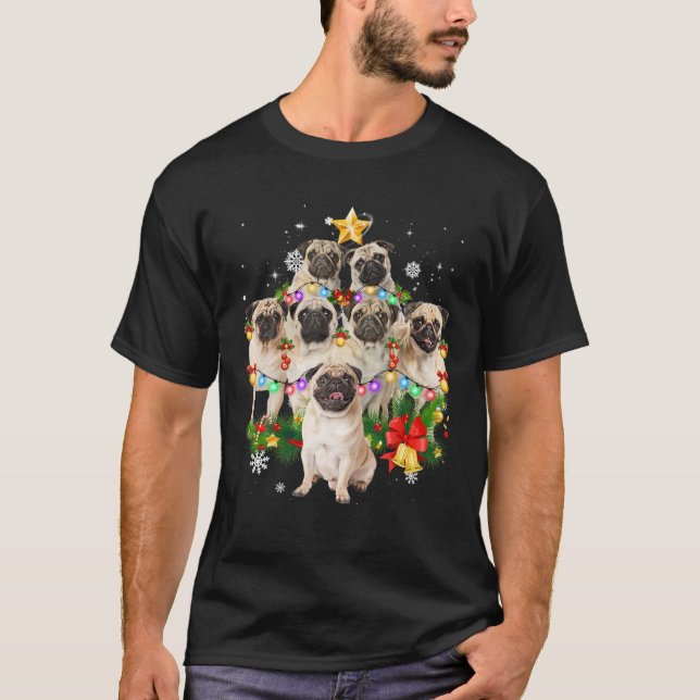 Camiseta Pug Christmas Dog Tree Lights Pajamas Family (Frente)