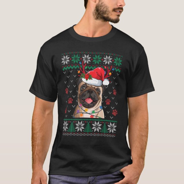 Camiseta Pug Christmas Papais noeis Reindeer Ugly Sweater P (Frente)