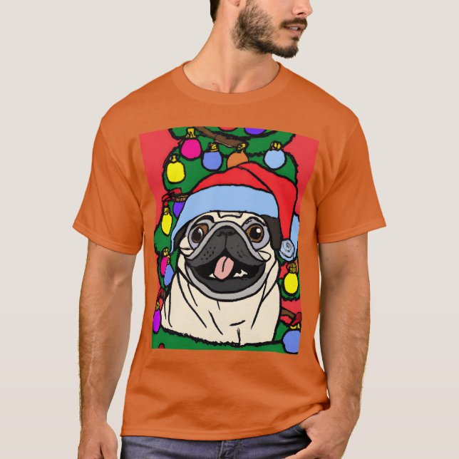 Camiseta Pug Christmas Pug Com Chapéu De Natal E Retro (Frente)