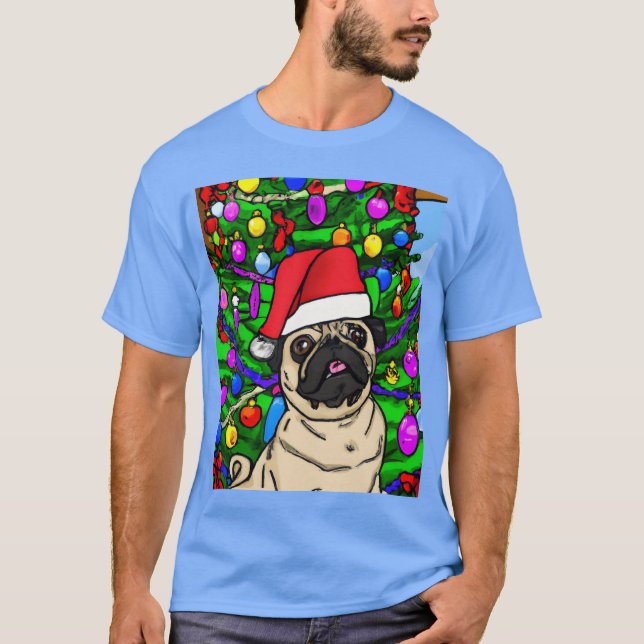 Camiseta Pug Christmas Pug Com Um Chapéu De Natal E Um Rapa (Frente)