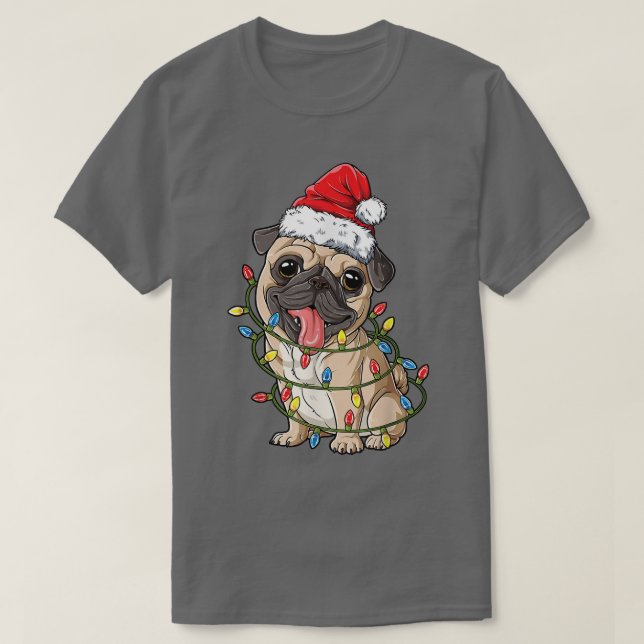 Camiseta Pug Christmas Santa Hat Xmas Luzes Meninos Pugmas  (Frente do Design)