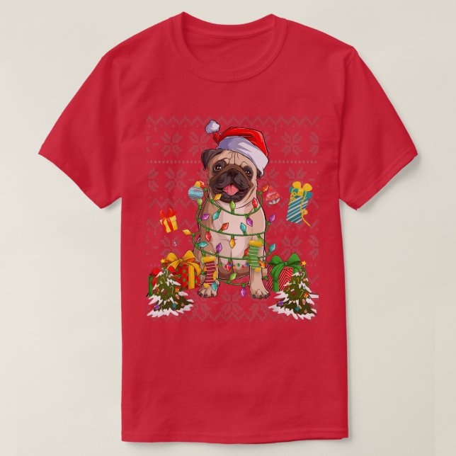 Camiseta Pug Christmas Tree Lights Cute Dog Owner Xmas Pug  (Frente do Design)