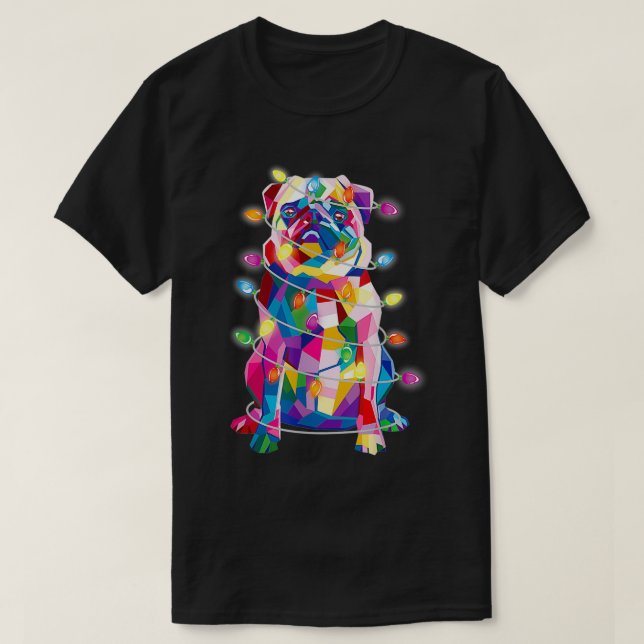 Camiseta Pug Christmas Tree Lights Dog Mom Dad Xmas Pug  (Frente do Design)