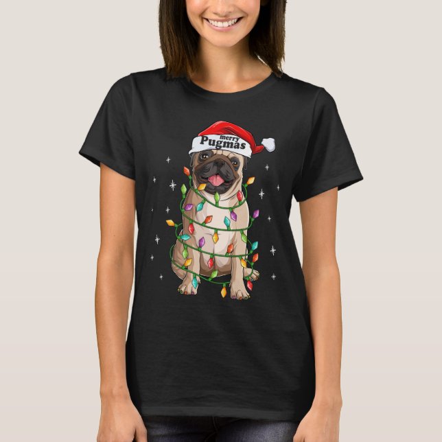 Camiseta Pug Christmas Tree Lights Papais noeis Cachorro Xm (Frente)