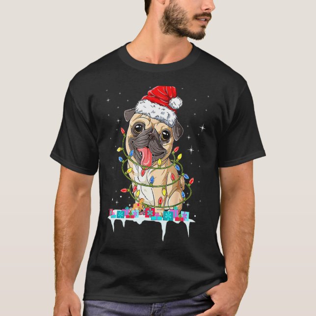 Camiseta Pug Christmas Tree Lights Papais noeis Cachorros X (Frente)