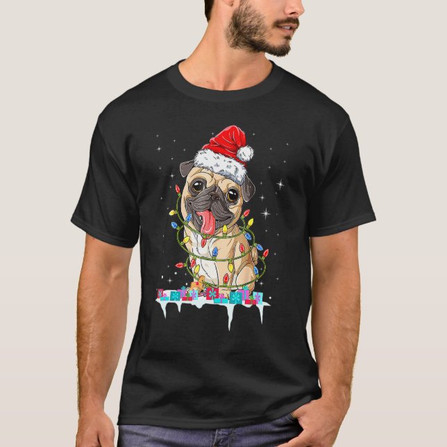Camiseta Pug Christmas Tree Lights Papais noeis Cachorros X (Frente)