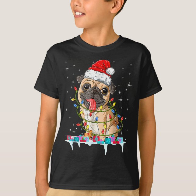 Camiseta Pug Christmas Tree Lights Santa Dog Xmas  (Frente)