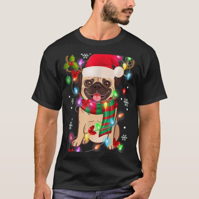 Camiseta Pug Christmas Tree Lights Santa Dog Xmas Boys Pugm (Frente)