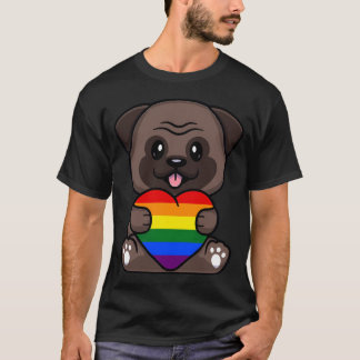 Camiseta Pug com Coração da Bandeira do Orgulho Arco-Íris
