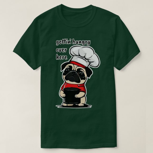 Camiseta Pug com fome segurando tigela de comida (Frente do Design)