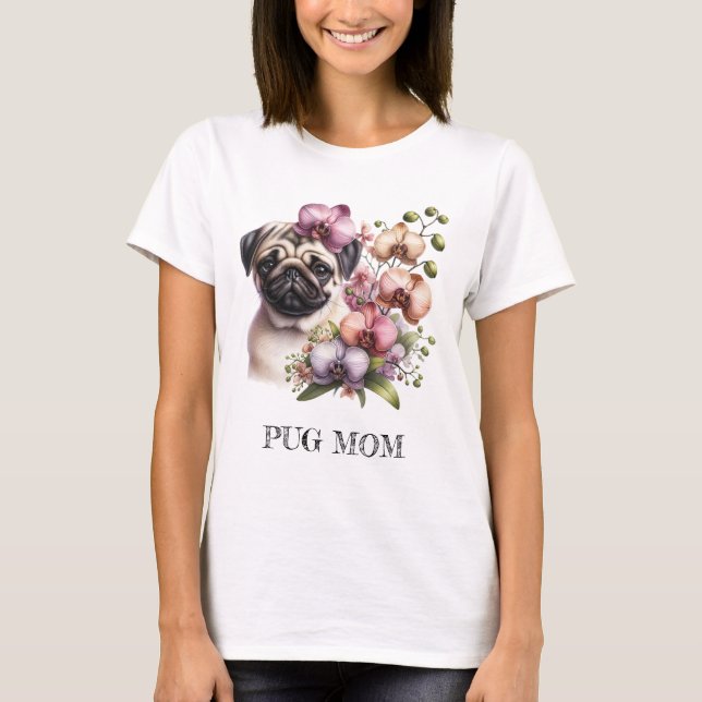Camiseta Pug com Orquídea, aquarela, (Frente)