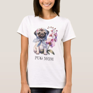 Camiseta Pug com Orquídea, aquarela,