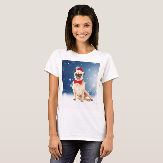 Camiseta Pug com Papai Noel de Natal (Frente Completa)