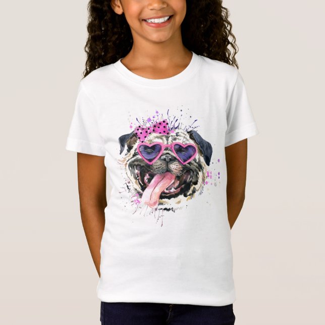 Camiseta Pug cor-de-rosa bonito da aguarela (Frente)