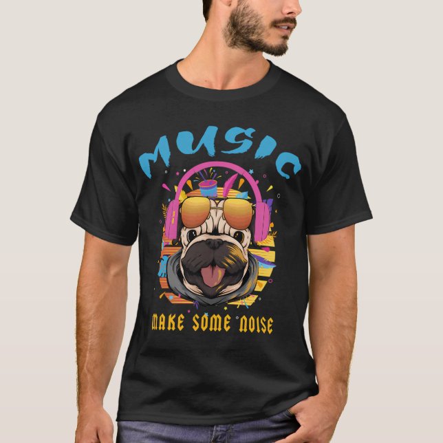 Camiseta pug da música com fones de ouvido (Frente)