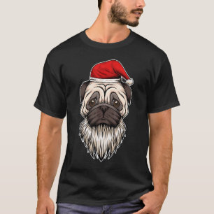 Camiseta Pug de Barba de Natal Com Chapéu do Papai Noel