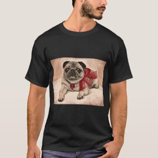 Camiseta Pug de Natal com um laço vermelho