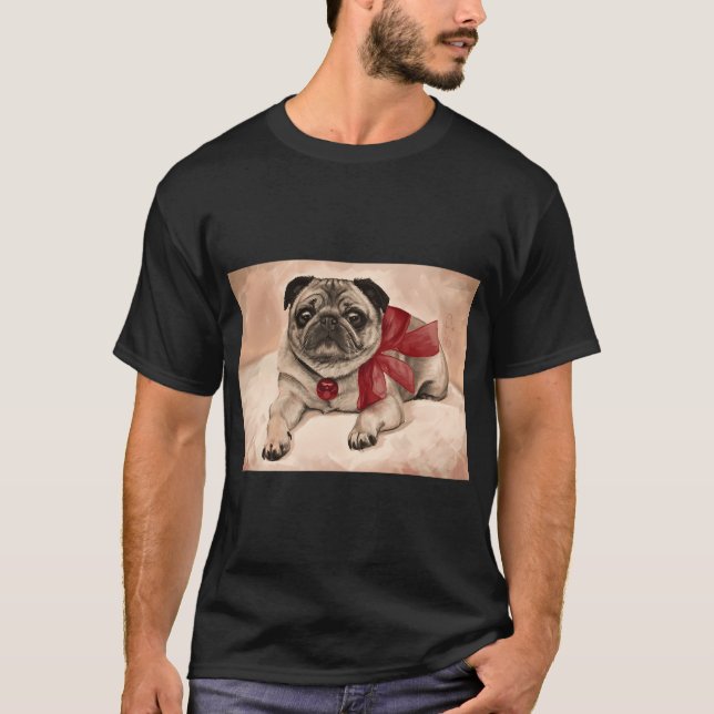 Camiseta Pug de Natal com um laço vermelho (Frente)