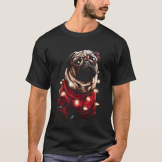 Camiseta Pug de Natal Fofo com Óculos Chapéu de Papai Noel 
