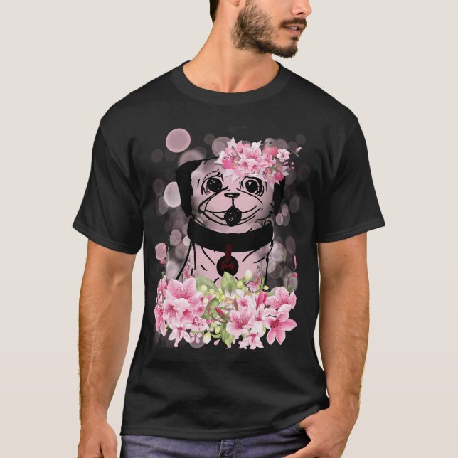 Camiseta Pug de primavera, pug de primavera com flores rosa (Frente)
