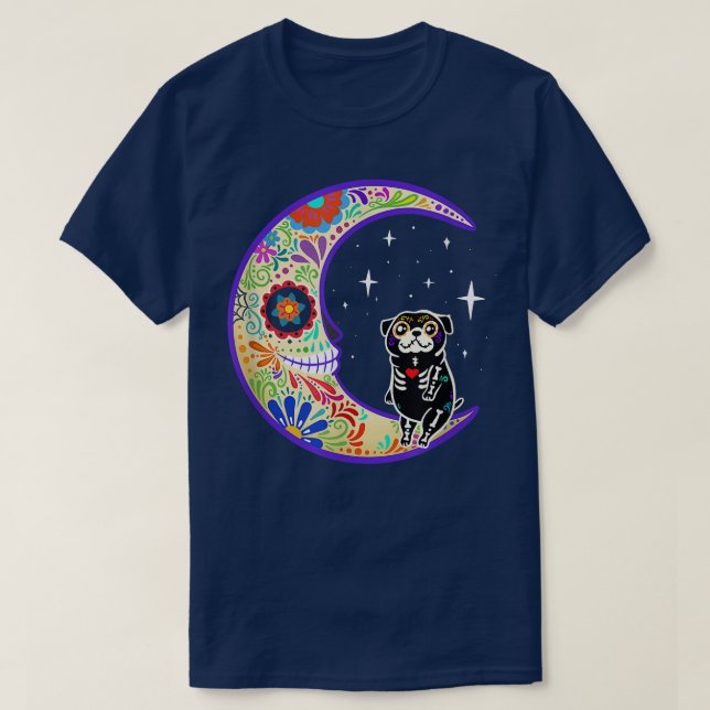Camiseta Pug Dia de Los Muertos Skeleton Sugar Skull T-Shir (Frente do Design)