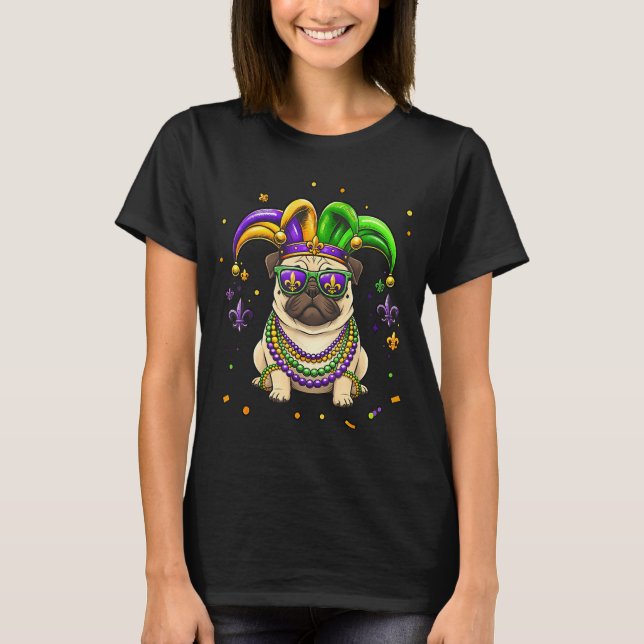 Camiseta Pug divertido com contas de mardi gras festival ca (Frente)