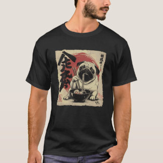 Camiseta Pug Divertido Comendo Ramen Japonês Antigo Cachorr