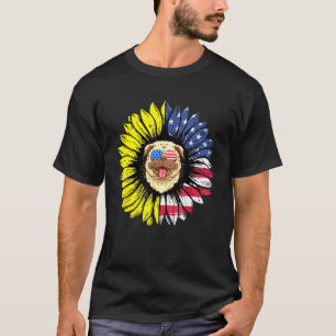 Camiseta Pug do Girassol Bandeira Americana dos EUA Desgast