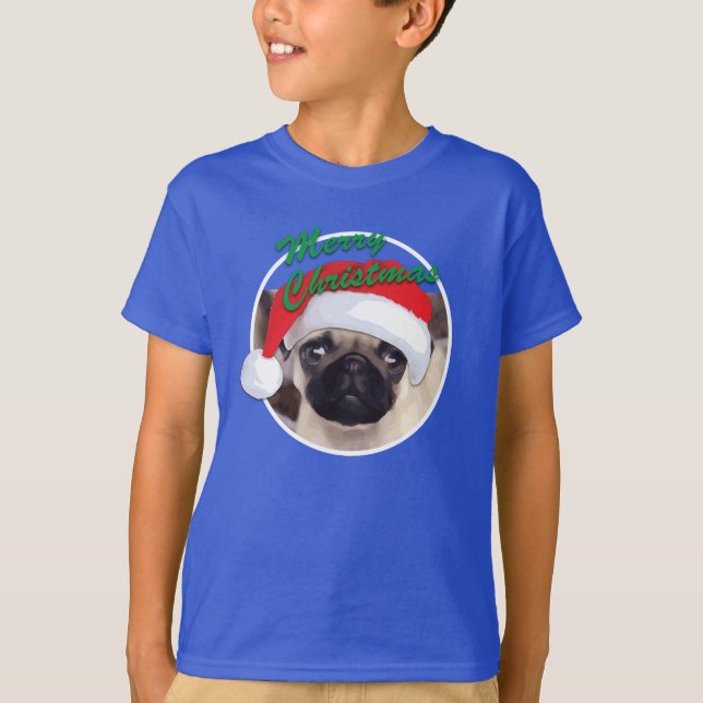 Camiseta Pug do Natal - t-shirt básico do Hanes dos miúdos (Frente)