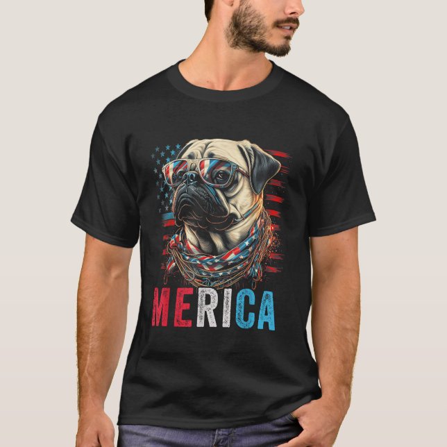 Camiseta Pug Dog 4 de julho American Flag America Meri (Frente)