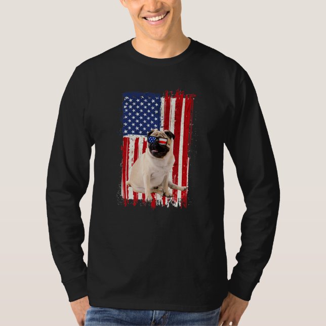 Camiseta Pug Dog American Flag Patriótico Independência 4º (Frente)