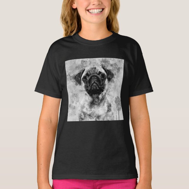 Camiseta Pug Dog Black and White Watercolor 01 (Frente)