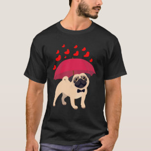 Camiseta Pug Dog Hearts Umbrella Dia de os namorados