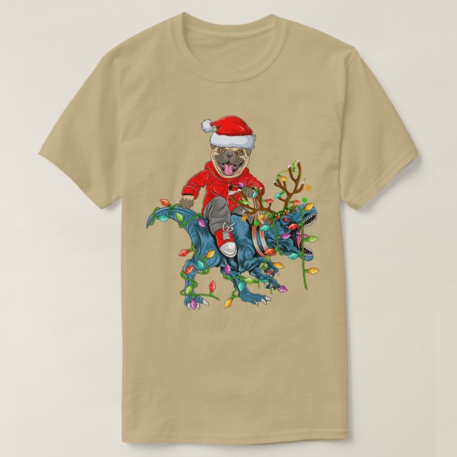 Camiseta Pug Dog Lover Xmas Luzes Pug Riding Dinosaur Chri (Frente do Design)