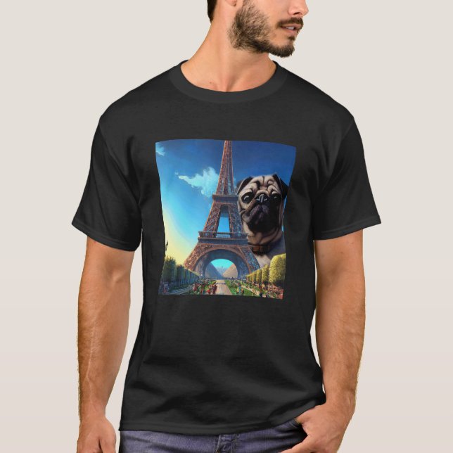 Camiseta Pug Eiffel Tower França Paris Homens Mulheres Meni (Frente)