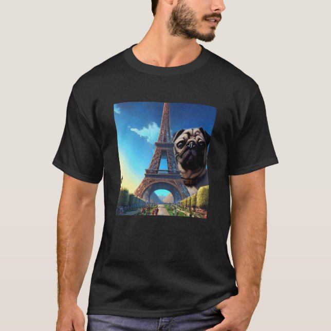 Camiseta Pug Eiffel Tower França Paris Homens Mulheres Meni (Frente)