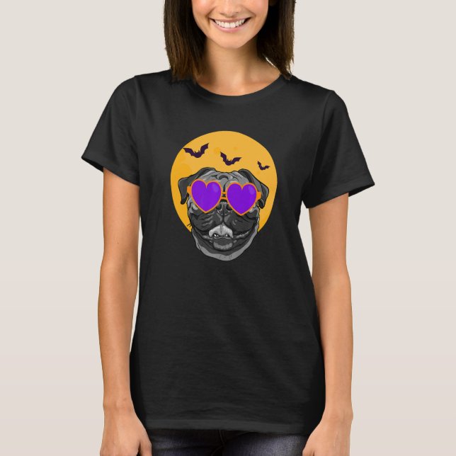 Camiseta Pug Em Óculos De Sol Preguiçosos De Halloween Cach (Frente)