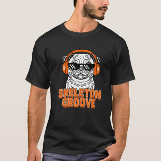 Camiseta Pug engraçado de Halloween Esqueleto Groove DJ Cac