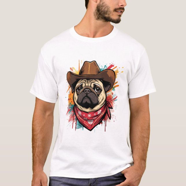 Camiseta Pug face Cute Western cowboy hat & bandana (Frente)