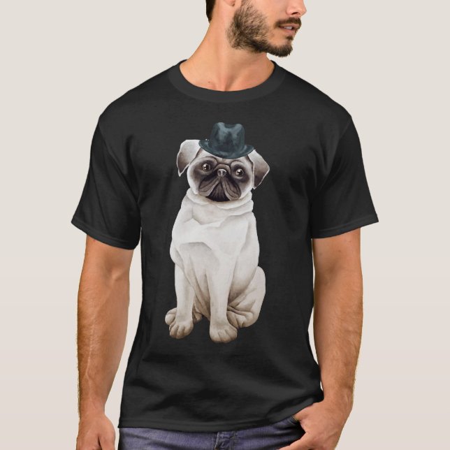Camiseta Pug fofo com chapéu Clássico  363 (Frente)