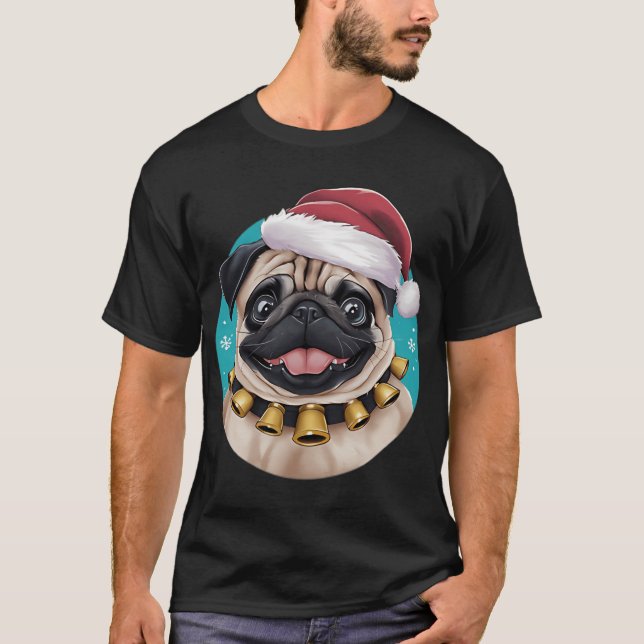Camiseta Pug Fofo Com Chapéu De Natal - Engraçado (Frente)
