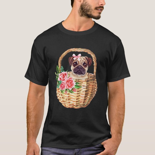 Camiseta Pug Fofo em Cesto de Flores Dono de Pug Cachorro P (Frente)