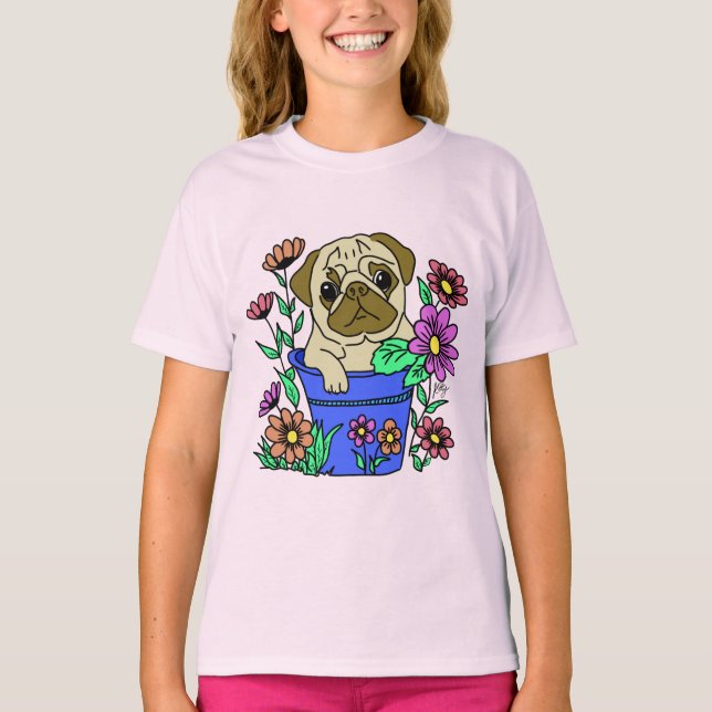 Camiseta Pug Fofo em Vaso de Flores Desenho (Frente)